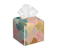 Square Leather Tissue Box Cover Holder Waterproof Fish Scales Colorful Modern Facial Paper Organizer with Bottom Belt Cube Tissue Case for Tabletop Bathroom Office Desk Car Decorative