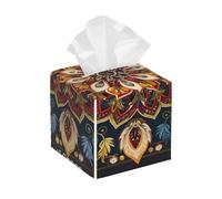 Square Leather Tissue Box Cover Holder Waterproof Flower Mandala Bohemian Ethnic Facial Paper Organizer with Bottom Belt Cube Tissue Case for Tabletop Bathroom Office Desk Car Decorative