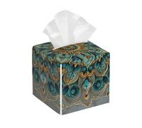 Square Leather Tissue Box Cover Holder Waterproof Flower Mandala Boho Cyan Facial Paper Organizer with Bottom Belt Cube Tissue Case for Tabletop Bathroom Office Desk Car Decorative