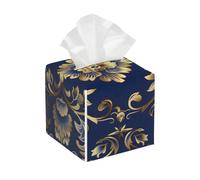 Square Leather Tissue Box Cover Holder Waterproof Flower Mandala Retro Blue Facial Paper Organizer with Bottom Belt Cube Tissue Case for Tabletop Bathroom Office Desk Car Decorative