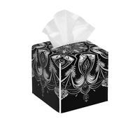 Square Leather Tissue Box Cover Holder Waterproof Mandala Black Flower Facial Paper Organizer with Bottom Belt Cube Tissue Case for Tabletop Bathroom Office Desk Car Decorative