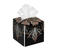 Square Leather Tissue Box Cover Holder Waterproof Mandala Flower Black Ethnic Facial Paper Organizer with Bottom Belt Cube Tissue Case for Tabletop Bathroom Office Desk Car Decorative