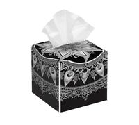 Square Leather Tissue Box Cover Holder Waterproof Mandala Flower Black Facial Paper Organizer with Bottom Belt Cube Tissue Case for Tabletop Bathroom Office Desk Car Decorative