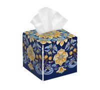Square Leather Tissue Box Cover Holder Waterproof Mandala Flower Ethnic Blue Facial Paper Organizer with Bottom Belt Cube Tissue Case for Tabletop Bathroom Office Desk Car Decorative