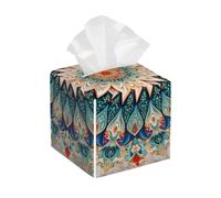 Square Leather Tissue Box Cover Holder Waterproof Mandala Flower Ethnic Colorful Facial Paper Organizer with Bottom Belt Cube Tissue Case for Tabletop Bathroom Office Desk Car Decorative