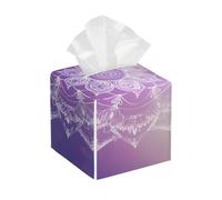Square Leather Tissue Box Cover Holder Waterproof Mandala Flower Starlight Purple Facial Paper Organizer with Bottom Belt Cube Tissue Case for Tabletop Bathroom Office Desk Car Decorative