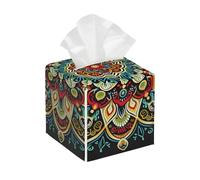 Square Leather Tissue Box Cover Holder Waterproof Mandala Red Flower Ethnic Facial Paper Organizer with Bottom Belt Cube Tissue Case for Tabletop Bathroom Office Desk Car Decorative