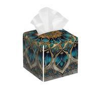 Square Leather Tissue Box Cover Holder Waterproof Mandala Style Flower Blue Facial Paper Organizer with Bottom Belt Cube Tissue Case for Tabletop Bathroom Office Desk Car Decorative