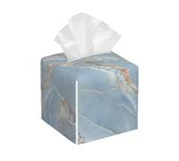 Square Leather Tissue Box Cover Holder Waterproof Marble Stripe Print Blue Facial Paper Organizer with Bottom Belt Cube Tissue Case for Tabletop Bathroom Office Desk Car Decorative