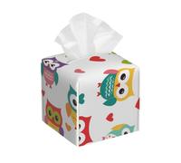 Square Leather Tissue Box Cover Holder Waterproof Owl Heart Cute Colorful Facial Paper Organizer with Bottom Belt Cube Tissue Case for Tabletop Bathroom Office Desk Car Decorative