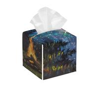 Square Leather Tissue Box Cover Holder Waterproof Starry Sky Tree Color Facial Paper Organizer with Bottom Belt Cube Tissue Case for Tabletop Bathroom Office Desk Car Decorative