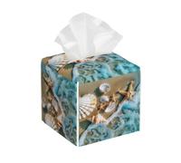 Square Leather Tissue Box Cover, Seaside Seashells Starfish Ocean Print Tissue Holder Square Tissue Cube Box Organizer for Home Office Car Hotel Restaurant 5.2"x5.2"x5.2"