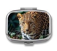 Square Leopard Print African Jungle Animals Pill Box Small Pill Case with 2 Compartment Portable Metal Medicine Organizer Mini Travel Medicine Vitamin Supplement Container for Pocket Purse