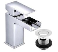 Square Lever Waterfall Mono Basin Mixer Tap with Waste - Bathroom Sink Tap, Bathroom Basin Mixer Tap, Modern Chrome Basin Mixer Tap for Bathroom Sink