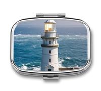 Square Lighthouse Sandbeach Pill Box Small Pill Case with 2 Compartment Portable Metal Medicine Organizer Mini Travel Medicine Vitamin Supplement Container for Pocket Purse