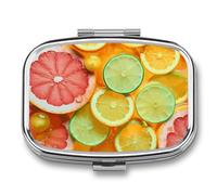 Square Lime Cut Into Slices Pill Box Small Pill Case with 2 Compartment Portable Metal Medicine Organizer Mini Travel Medicine Vitamin Supplement Container for Pocket Purse