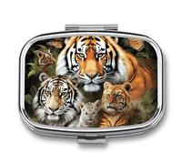 Square Lion Tiger Leopard and Butterfly Pill Box Small Pill Case with 2 Compartment Portable Metal Medicine Organizer Mini Travel Medicine Vitamin Supplement Container for Pocket Purse