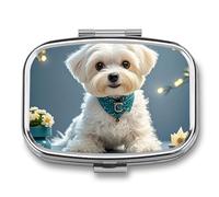 Square Lovely Maltese Dog Pill Box Small Pill Case with 2 Compartment Portable Metal Medicine Organizer Mini Travel Medicine Vitamin Supplement Container for Pocket Purse