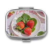 Square Lovely Strawberry Pill Box Small Pill Case with 2 Compartment Portable Metal Medicine Organizer Mini Travel Medicine Vitamin Supplement Container for Pocket Purse