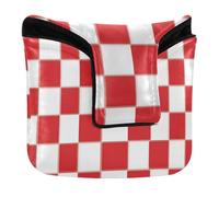 Square Mallet Putter Cover Magnetic Closure Putters Headcover for Mallet Square PU Leather Waterproof Red White Checkerboard Pattern(1)