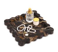 Square Marble Decorative Tray with Scalloped Edge,Luxury Natural Stone Bathroom Vanity Tray, Dresser Top Perfume Coffee Home Kitchen Toilet Sink Tray, Key Trinket Ring (Black Gold, 8 * 8)