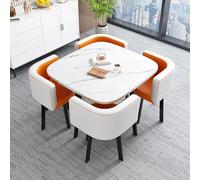 Square Marble Dining Table Set with Chairs Modern Office Reception & Negotiation Table Combo Stylish White & Orange Furniture for Dining & Meeting Spaces