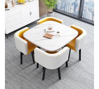 Square Marble Dining Table Set with Chairs Simple Office Reception & Negotiation Table Combination (White & Yellow) Stylish Modern Furniture for Dining & Meetings