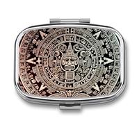 Square Mayan Calendar End of The World Pill Box Small Pill Case with 2 Compartment Portable Metal Medicine Organizer Mini Travel Medicine Vitamin Supplement Container for Pocket Purse