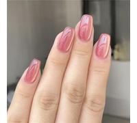 Square Medium Fake Nail Sweet Pink Cat's Eye Press on Nails Shiny Tips Nail Art Decoration for Women and Girls Manicure 24pcs