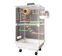 Square Metal Pet Bird Cage, Flight Cage With Wheels, Bird Travel Cage With Bird Standing Stick For Parakeets Canaries Cockatiels Lovebirds,White