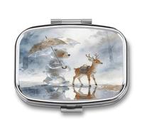 Square Metal Pill Box with 2 Compartments, Pocket Small Pill Case | Bears Deer Walking in The Rain Portable Mini Travel Pill Organizer with Mirror, Pill Container Holder for Vitamin Medicine