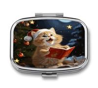 Square Metal Pill Box with 2 Compartments, Pocket Small Pill Case | Cat Sing Christmas Carols Portable Mini Travel Pill Organizer with Mirror, Pill Container Holder for Vitamin Medicine