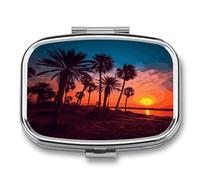 Square Metal Pill Box with 2 Compartments, Pocket Small Pill Case | Palm Tree Sunset Portable Mini Travel Pill Organizer with Mirror, Pill Container Holder for Vitamin Medicine