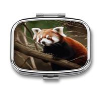 Square Metal Pill Box with 2 Compartments, Pocket Small Pill Case | Red Panda on Tree Branch Portable Mini Travel Pill Organizer with Mirror, Pill Container Holder for Vitamin Medicine