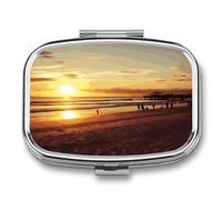 Square Metal Pill Box with 2 Compartments, Pocket Small Pill Case | Sunset Beach Portable Mini Travel Pill Organizer with Mirror, Pill Container Holder for Vitamin Medicine