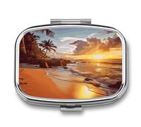 Square Metal Pill Box with 2 Compartments, Pocket Small Pill Case | Tropical Beach at Sunset Portable Mini Travel Pill Organizer with Mirror, Pill Container Holder for Vitamin Medicine