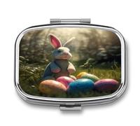 Square Metal Pill Case Compact Travel Pill Box with 2 Compartments | Portable Rabbit And Easter Egg Pill Organizer for Purse Pocket Medicine Organizer Box Mini Pill Container Holder
