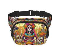 Square Mexico-Day-of-The-Dead Double-Layer Sport Fanny Pack Waist Pack Large Crossbody Waist Bag for Running Travel Walking