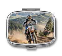 Square Motocross Pill Box Small Pill Case with 2 Compartment Portable Metal Medicine Organizer Mini Travel Medicine Vitamin Supplement Container for Pocket Purse