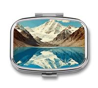 Square Mountain Lake Reflection Pill Box Small Pill Case with 2 Compartment Portable Metal Medicine Organizer Mini Travel Medicine Vitamin Supplement Container for Pocket Purse