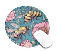 Square Mouse Pad with Bee Floral Pattern, Bright Turquoise and Spring Flowers Stitched Edge Mouse Pad, Non-Slip Rubber Mouse Pad Washable Laptop Mouse Pad for the