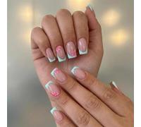 Square Nail Tips with Mint Green French Design and Pink Floral Accents - Glossy Light Pink Base for Elegant Manicure, Suitable for Women, Office, Casual and Special Occasions
