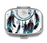Square Native American Dream Catcher Pill Box Small Pill Case with 2 Compartment Portable Metal Medicine Organizer Mini Travel Medicine Vitamin Supplement Container for Pocket Purse