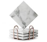 Square Natural Marble Coaster Set with Holder, 4 Pcs White Carrara Coasters | Natural Italian Carrara White Marble, double-sided polished, open base, elegant stand, Home decor, Good gift