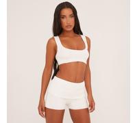 Square Neck Crop Top And Fold Over Waistband Shorts Co-Ord Set In White Knit, Women's Size UK Medium M
