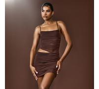 Square Neck Cut Out Ruched Detail Mini Dress In Chocolate Mesh, Women's Size UK Large L