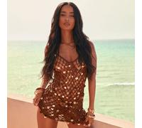 Square Neck Embellished Detail Mini Dress In Brown Crochet, Women's Size UK Medium M