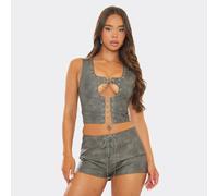 Square Neck Eyelet Lace Up Detail Top In Grey Faux Leather, Women's Size UK 8