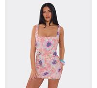 Square Neck Floral Embellished Detail Mini Dress In Pink, Women's Size UK 10
