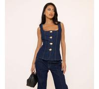 Square Neck Gold Button Down Seam Detail Top In Indigo Blue Denim, Women's Size UK 8
